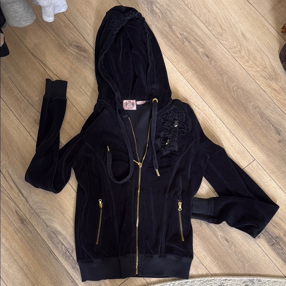 Juicy Couture Black and Gold Velour Jacket with Hood